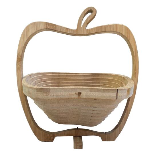 OH! NUTS Collapsible Hanging Bowl on Stand Trivet Apple Nut Fall Decor Wood - Picture 2 of 11